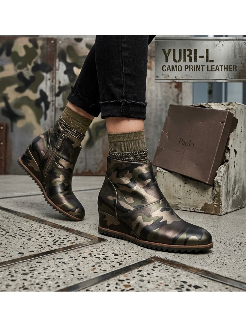 Paolo Yuri-L Camo Print Leather Ankle Boots Size 8M